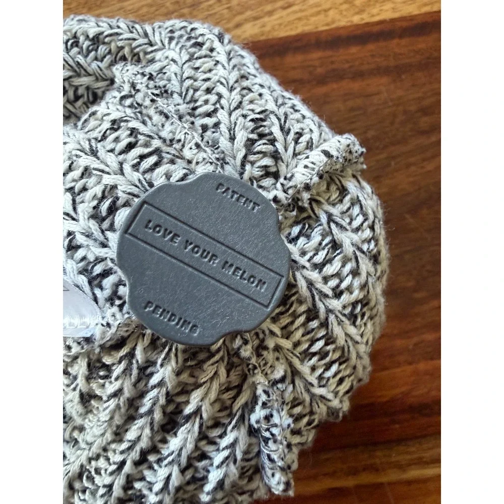 Love‎ Your Melon Black White Marled Knit Beanie Hat with Black Faux Fur Pom USA
